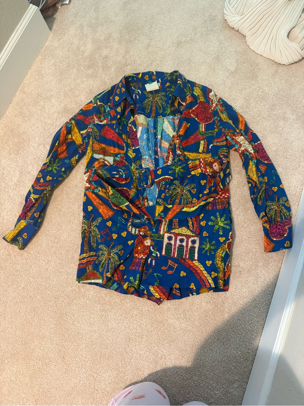 FARM Rio Blue Tropical Print Long Sleeve Romper